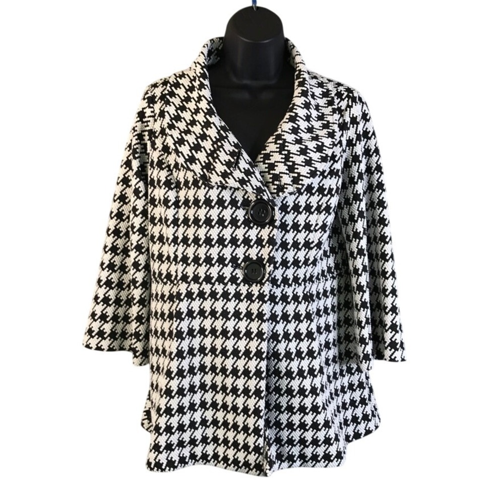 Ali Miles Womens Black White Houndstooth Swing Jacket 3/4 Sleeve XS
